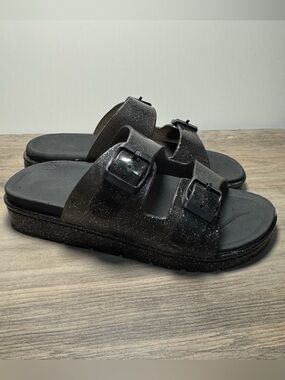 Black Glitter Double-Buckle Slide Sandals